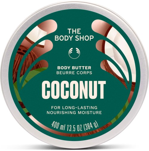 Coconut kroppssmörj, från The Body Shop, i rund behållare med grön och vit etikett och kokosillustration.