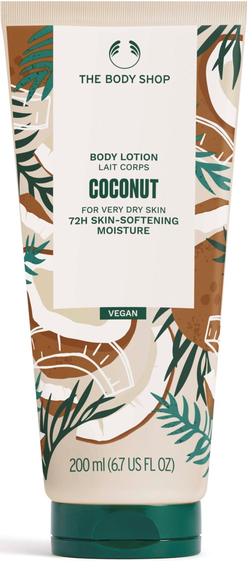 En kroppslotion med kokosdoft, vegansk, designad med gröna, bruna och vita tropiska blad och textdetaljer.