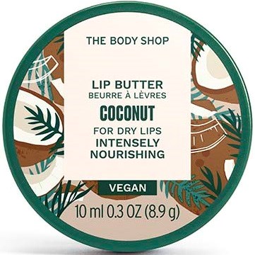 Runder Behälteraufkleber mit grüner Umrandung, veganer Kokoslippenbalsam von The Body Shop, 10 ml.