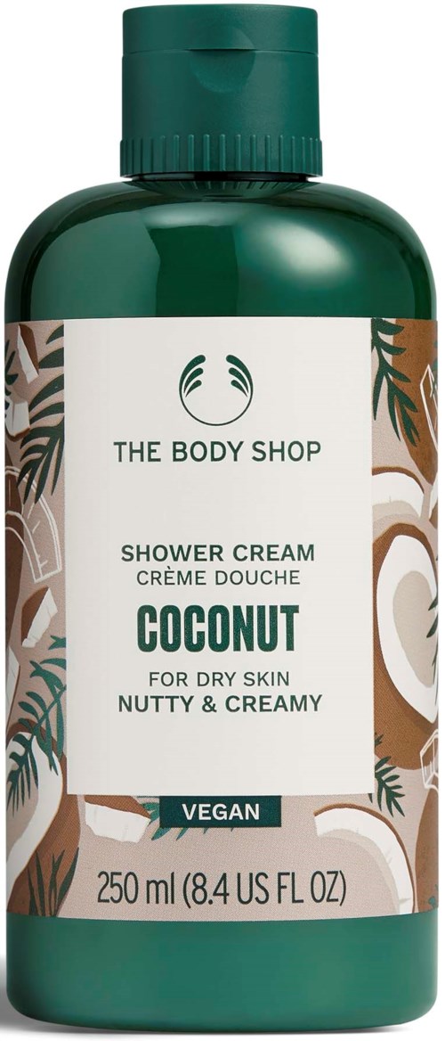 A green bottle of coconut shower cream by The Body Shop, designed for dry skin, vegan, 250 ml.