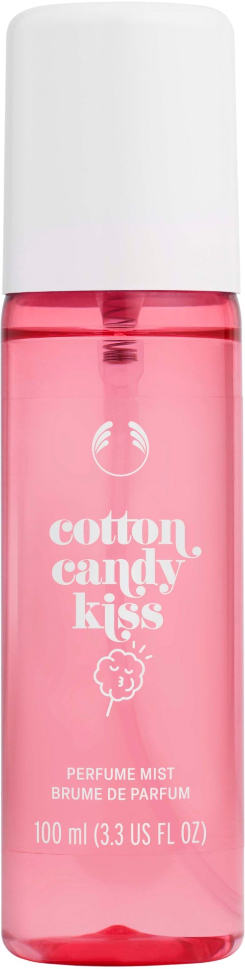 Pinkfarbene Duftmistflasche mit weißem Verschluss, Beschriftung 'cotton candy kiss' und kleines Zuckerwatte-Illustration.