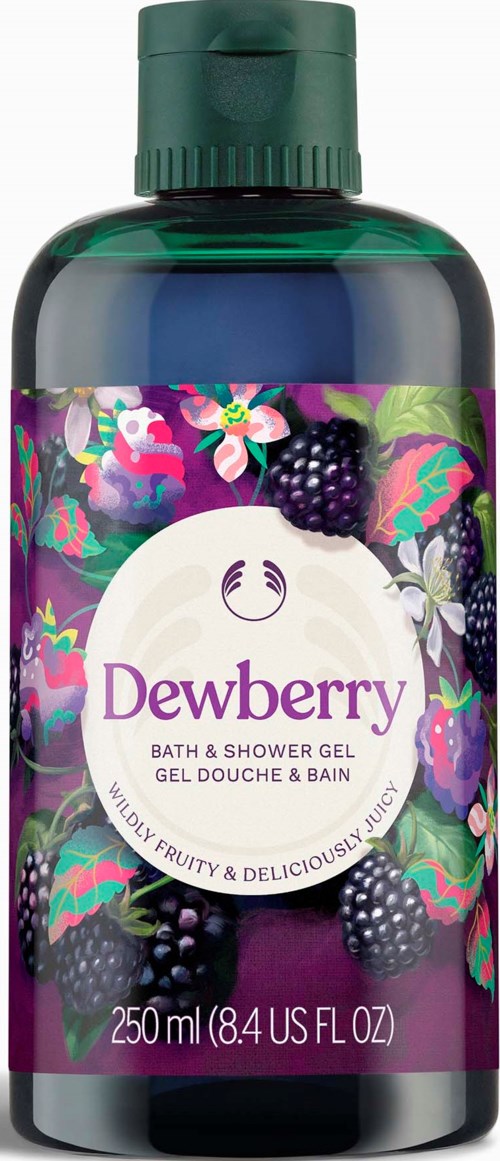 En flaska Dewberry bad- och duschgel med färgglada bär- och bladillustrationer på etiketten.