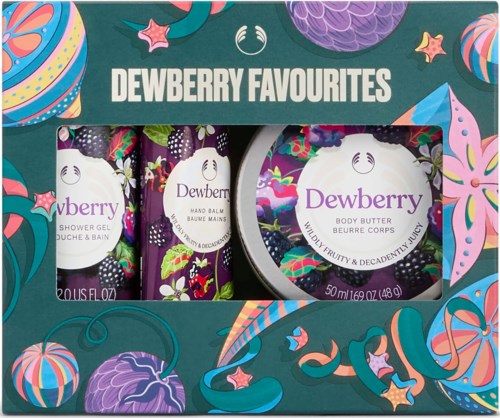 Dewberry Favourites -lahjapakkaus, jossa suihkugeeli, käsivoide ja vartalovoi, koristeltu värikkäillä hedelmäaiheisilla kuvilla.
