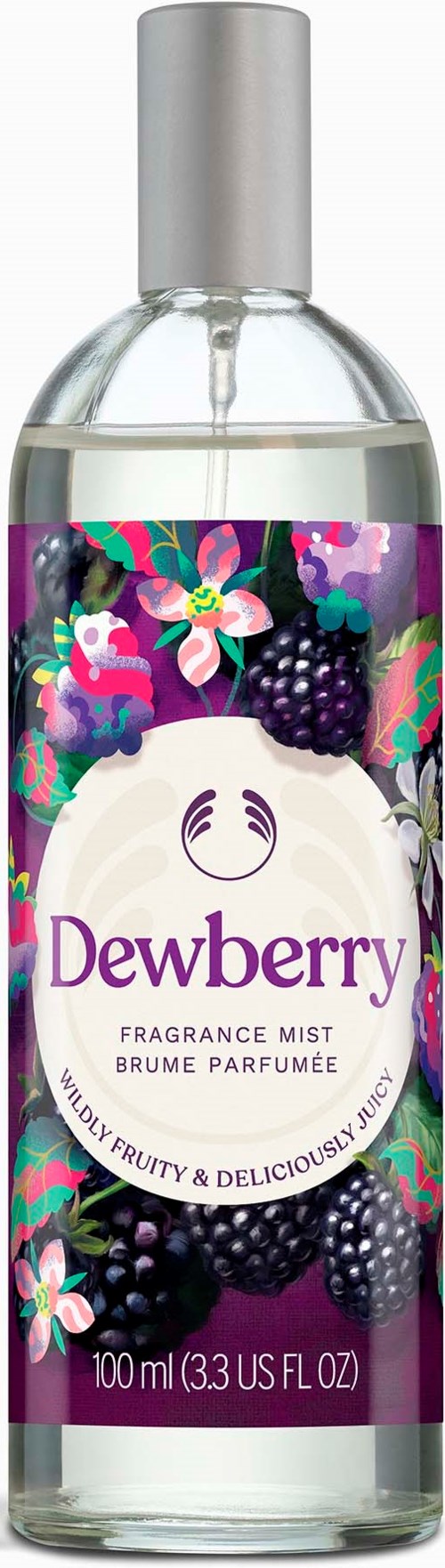 Hylsypullotissa Dewberry-tuoksuvedellä, jossa mustikoita ja kukkia violettitaustalla.