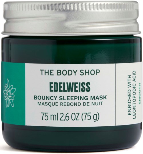 Green jar of Bouncy Sleeping Mask by The Body Shop, with lemon and acai ingredients.