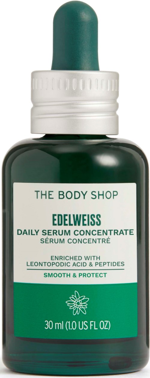 En grønn dråpeflaske med serum fra The Body Shop, merket Edelweiss, 30 ml, berikende og beskyttende.