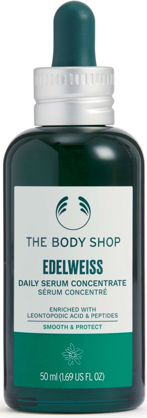 Eine dunkelgrüne Flasche mit weißem und petrolfarbenem Etikett, Tropfflasche und Produktname für Gesichtsserum.