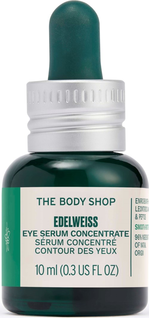 Grüne Flasche mit Tropfer, genannt Edelweiss Augenserumkonzentrat, von The Body Shop, 10 ml.