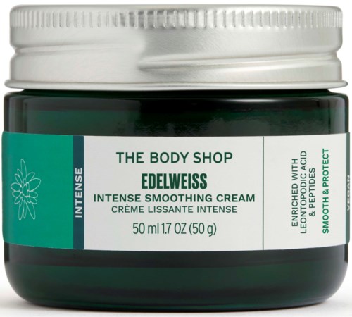 Vihreä kannu The Body Shop Edelweiss -voiteelle, valkoinen kansi ja etiketillä.