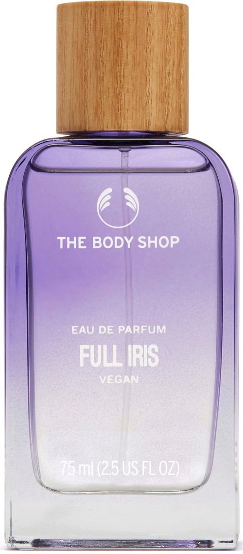Lila Parfümflasche mit Holzdeckel, gekennzeichnet 'The Body Shop Full Iris', vegan, 75 ml.