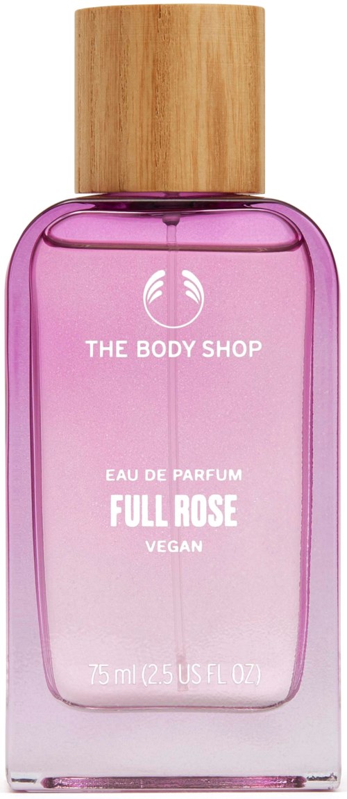 Violetti hajuvesipullo, jossa puukorkki, merkki 'Full Rose' The Body Shop, vegaani, 75 ml.