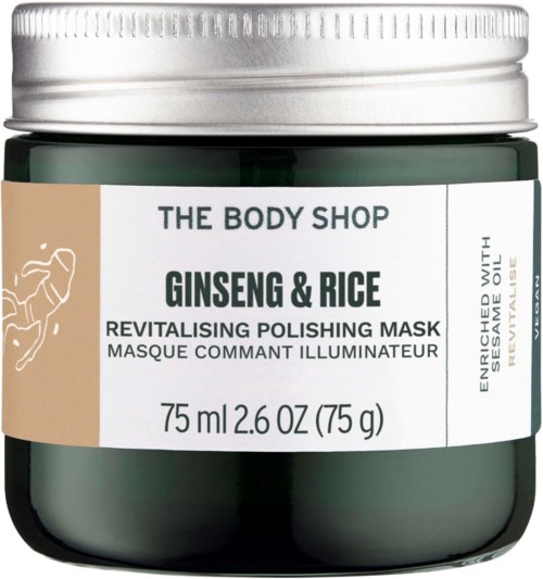 Revitalising polishing mask with ginseng, rice, and sesame oil in a green jar from The Body Shop.