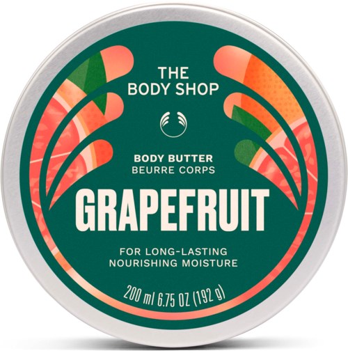 A round container of grapefruit-scented body butter from The Body Shop with green, pink, and orange design elements.