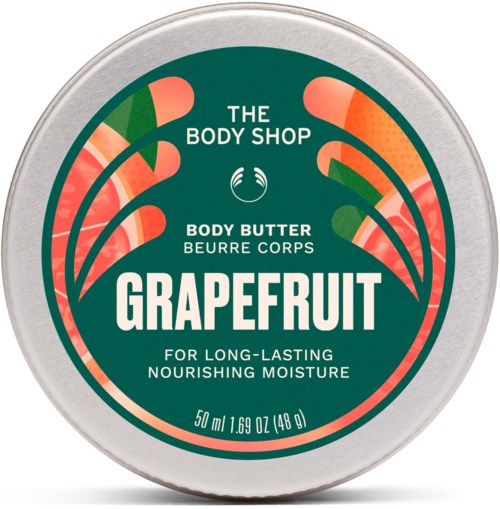 Round body butter container with green label, featuring orange and pink grapefruit illustrations, and white text.