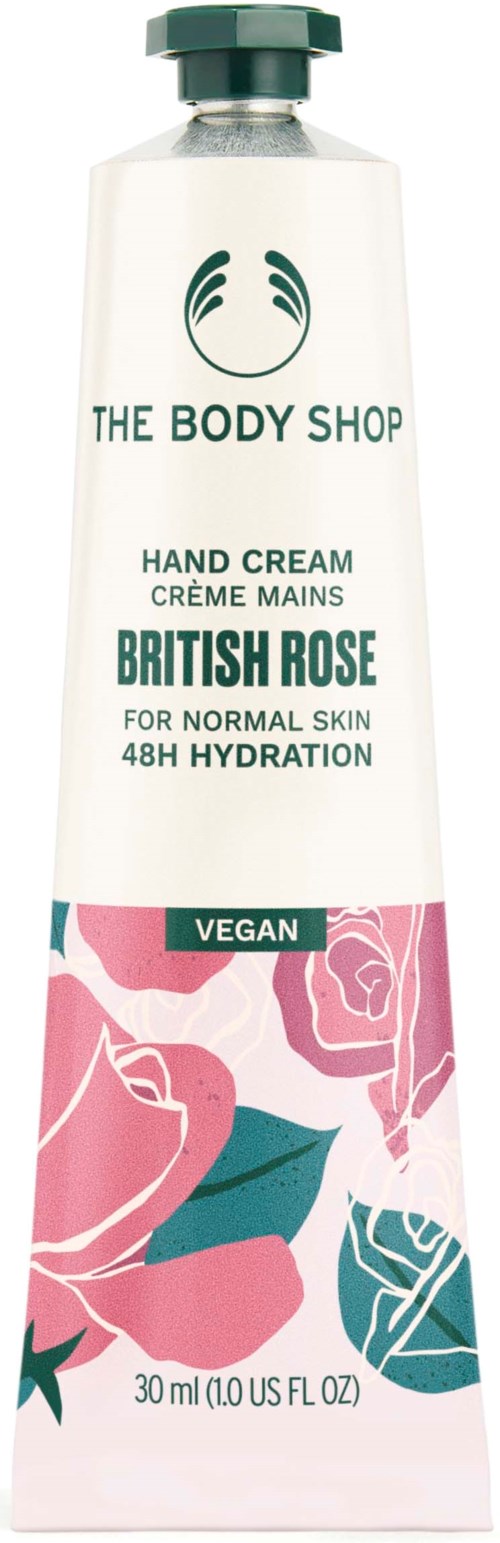 The Body Shopin käsivoideputeli, brittiruusu, vegaaninen, normaalille iholle, 48 tunnin kosteutus.