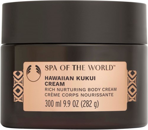 En svart beholder med Hawaiian Kukui Cream, 300 ml, for å pleie kroppen, fra Spa of the World.