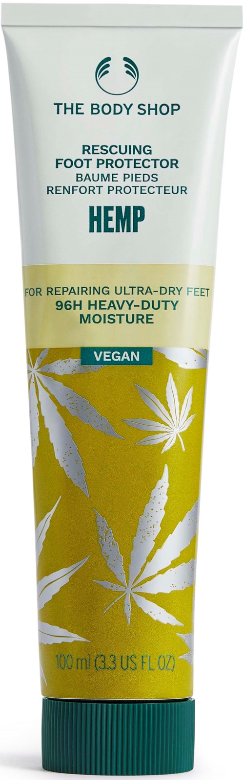 A tube of foot protector cream from The Body Shop with hemp and cannabis leaves design, vegan, for dry feet.