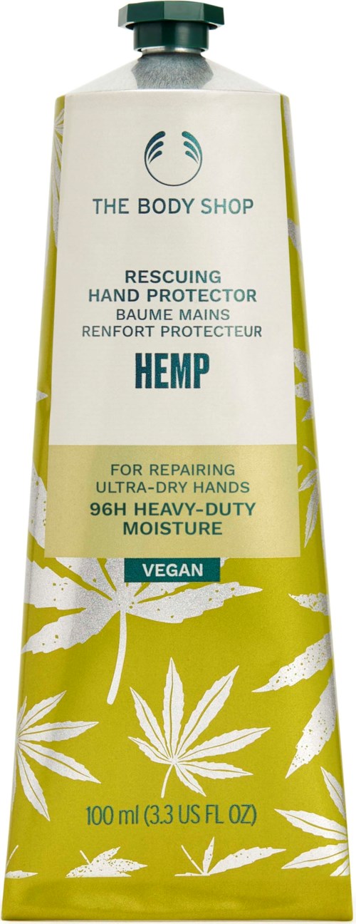 En tub handskyddscreme med hamp, står att den är för torra händer, vegansk och tung fuktskydd, 100 ml.