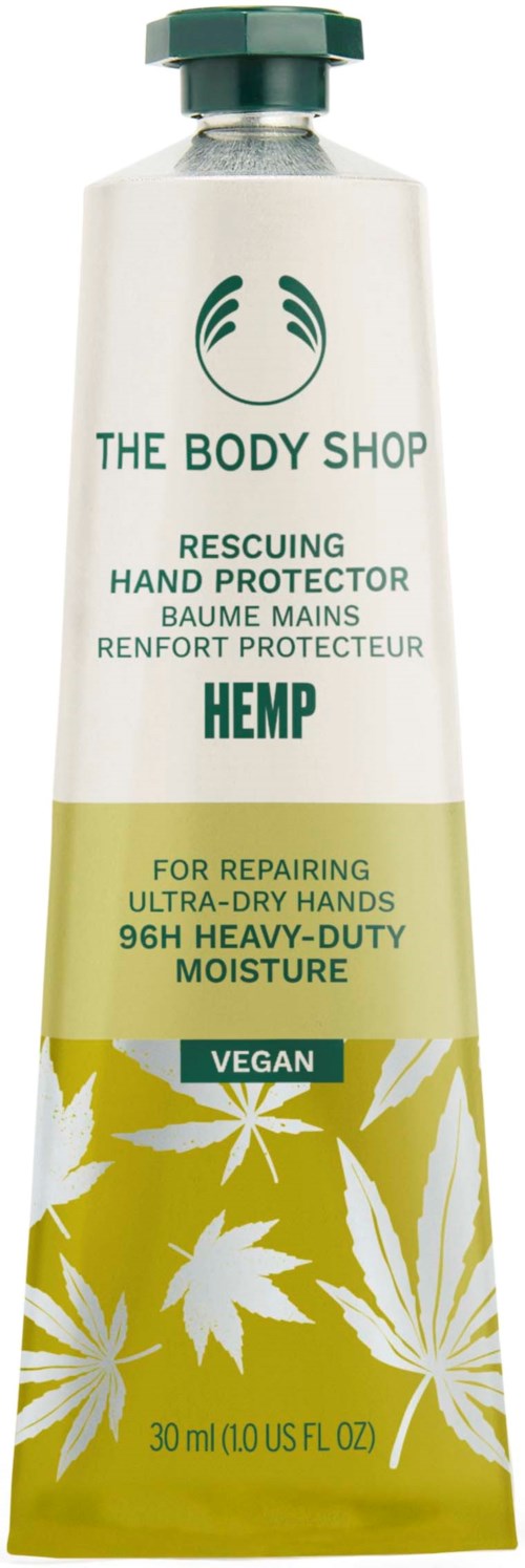 Handcrème in tube met hennep en bladgrafiek, 'The Body Shop' voor reparatie, vegan, zware vochtigheid.