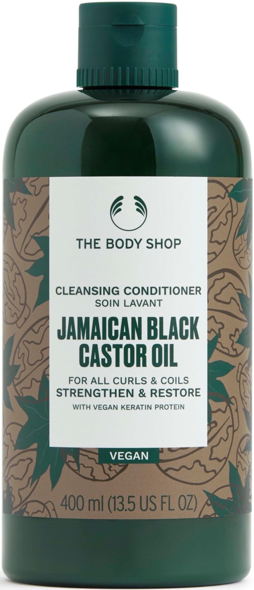 Eine grüne Flasche von The Body Shop mit weißem Etikett und braunem Dekor.