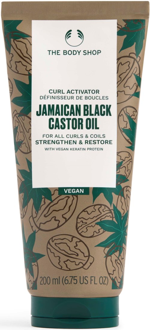 Eine Tube Jamaica Black Castor Oil für Locken, mit veganen Inhaltsstoffen, veganer Kennzeichnung, 200 ml, natürlicher Design.
