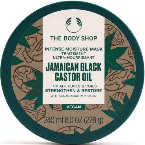 Ein Behälter von The Body Shop mit jamaikanischem schwarzem Rizinusöl für Locken, vegan und nährend.