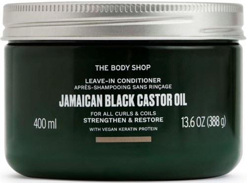 Behälter von The Body Shop Jamaican Black Castor Oil Leave-In Conditioner, 400ml, mit schwarzem und weißem Etikett.