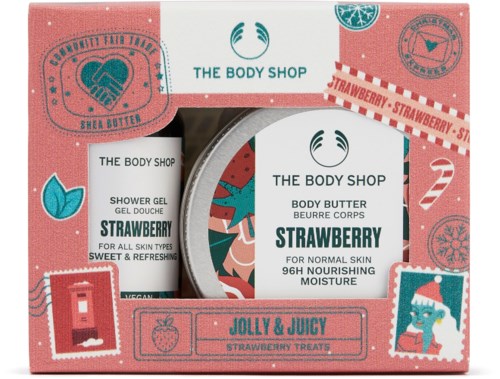 Förpackning för jordgubbsbaserade kroppslotion och duschgel från The Body Shop, dekorerad med jordgubbar och roliga bilder.