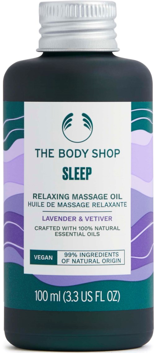 Eine Flasche von The Body Shop Sleep Relaxing Massage Oil, Lavendel und Vetiver Duft, natürliche Inhaltsstoffe, 100ml.