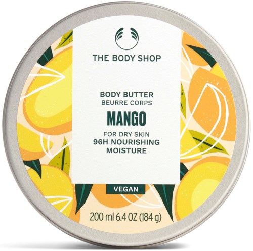 Ein runder Behälter mit Mango-Duft Body Butter, mit Blatt- und Mangobildern, vegan Label und 200ml Größe.