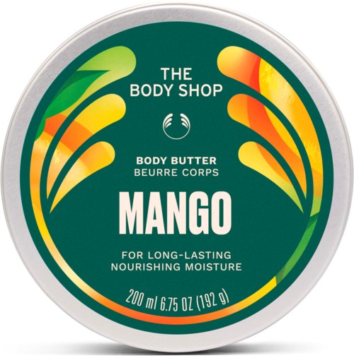 Locket av mango-doftande kroppssmör från The Body Shop, 200 ml, med gröna och orange tropiska blad.