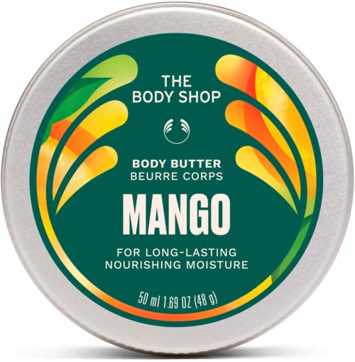 Mango doftande kroppssmör från The Body Shop, med gröna, gula och orange designmoment.