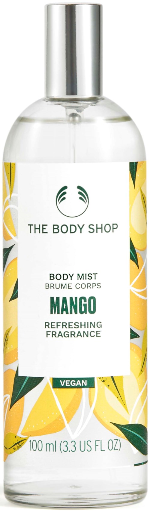 Eine klare Sprühflasche mit Zitronen- und grünen Blättern, beschriftet Mango Body Mist von The Body Shop.