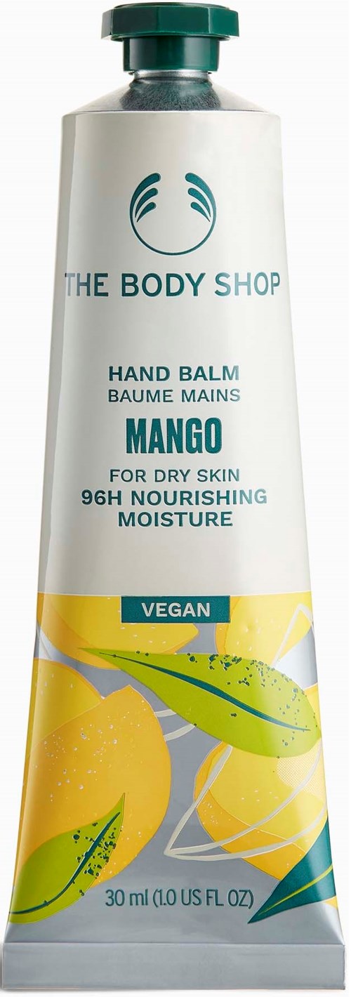 Eine Tube der Body Shop Handbalsam mit Mangogeruch, vegan, für trockene Haut, 30 ml.