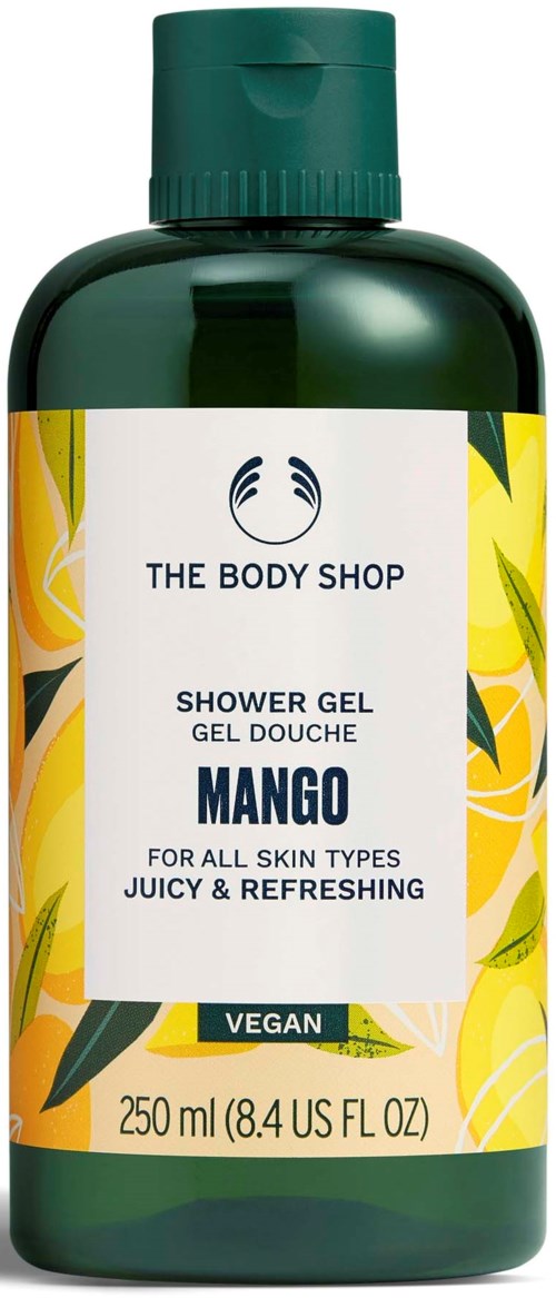 Eine grüne Flasche mit Mango-Duft Duschgel, gelbes und grünes Blattdesign, vegan von The Body Shop.