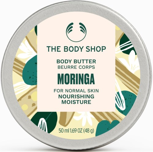 Kierrekansio The Body Shopin vartalosmön esteettisesti suunniteltu, merkinnässä 'Moringa' kosteuttavaan tarkoitukseen.