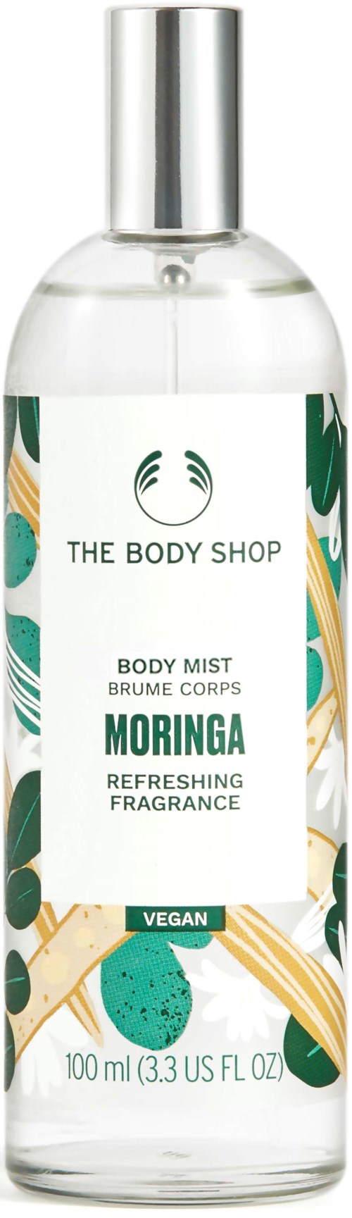 Klare Sprühflasche mit 'The Body Shop Moringa Refreshing Fragrance' Aufschrift, grünes und goldfarbenes Design, vegan, 100 ml.