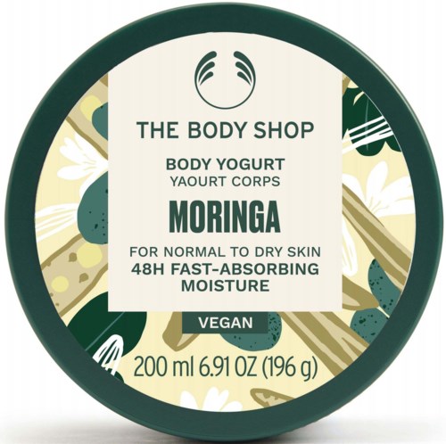 Ein runder Behälter mit Körperjoghurt mit tropischen Pflanzenillustrationen, die vegan, feuchtigkeitsspendend und schnellabsorbierend hervorheben.