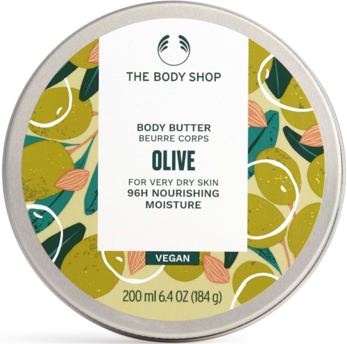A container of body butter with olive scent, vegan, for dry skin, 200ml, by The Body Shop, with colorful olive illustrations.