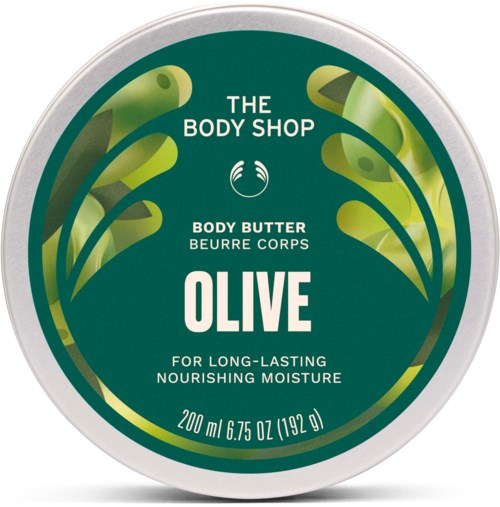 Cirkulär behållare med grön etikett som visar The Body Shop oliv kroppssmörj för närande hud, 200 ml.