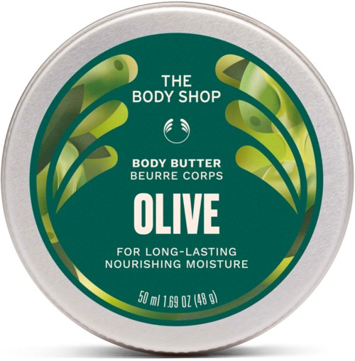 Rund behållarlock med grön etikett; innehåller olivkroppssmör för närande hudfukt från The Body Shop.