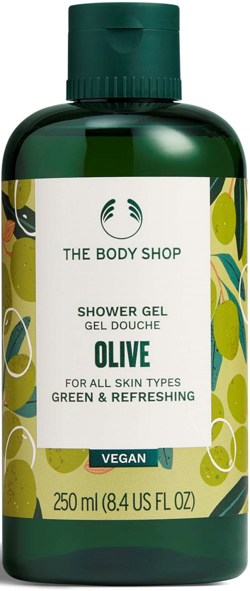 Vihreä pullo The Body Shopin oliivisaippuaa, vegaani, 250 ml, kaikki ihotyypit, raikas ja vihreä tuoksu.