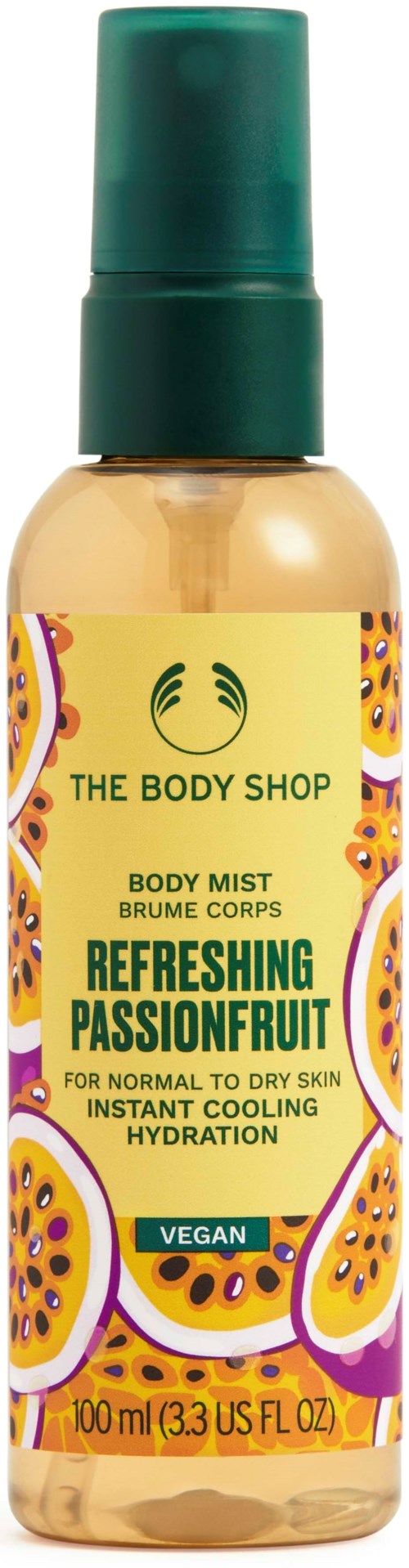 Kleine Flasche Körperspray mit Etikett Refreshing Passionfruit, grüner Deckel und gelb-violettem Design.