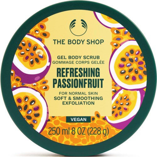 Ein runder Behälter mit Körperpeeling, Passionsfrucht-Illustration, vegan, für normale Haut, 250 ml.