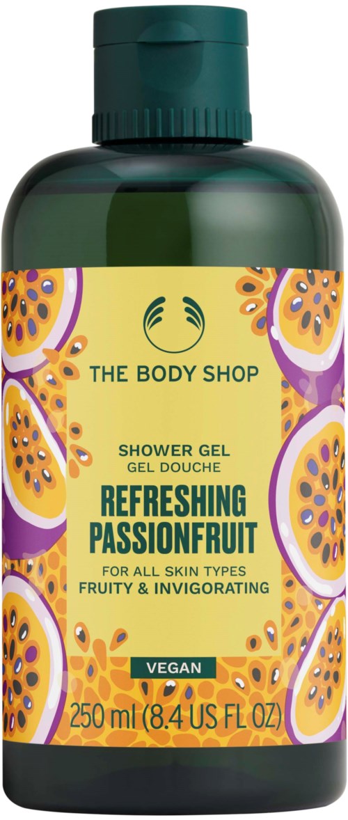 Eine grüne Flasche mit Duschgel, gelbes Etikett mit Passionsfrucht, vegan, 250 ml.