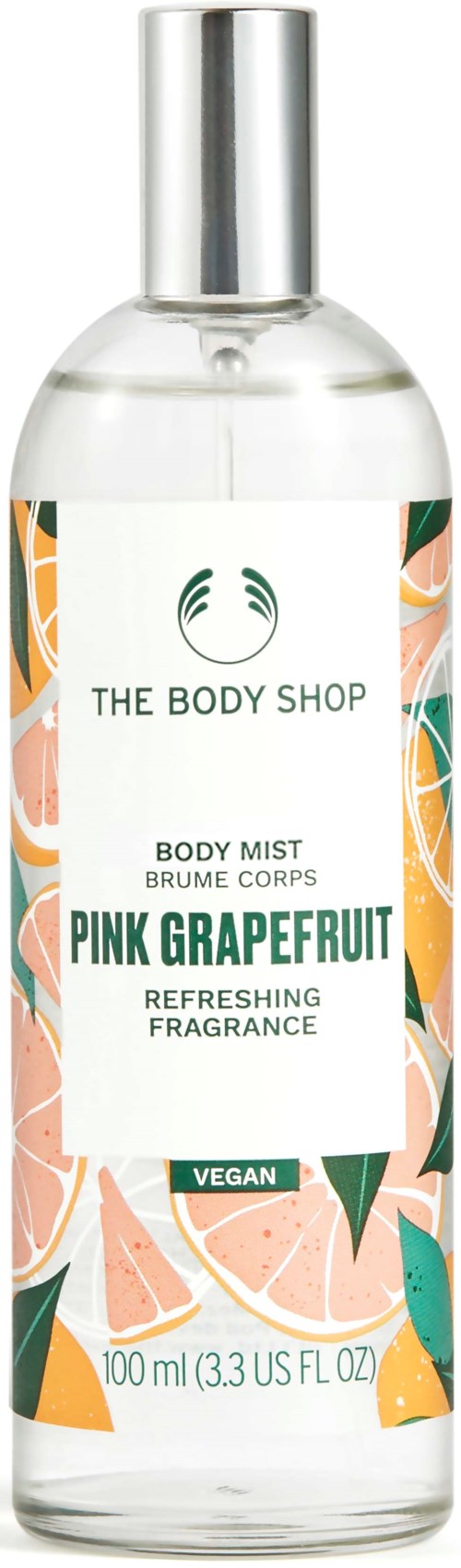 Eine klare Körperspray-Flasche mit farbigem Pink Grapefruit-Design und silberner Kappe. Von The Body Shop.