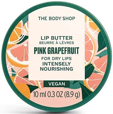 rundes Etikett für Body Shop Lippenbutter, pink Grapefruit Geschmack, vegan, feuchtigkeitsspendend für trockene Lippen, 10 ml.