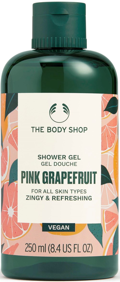 Zielona butelka żelu pod prysznic Pink Grapefruit od The Body Shop, 250 ml, wegański, dla każdego rodzaju skóry.