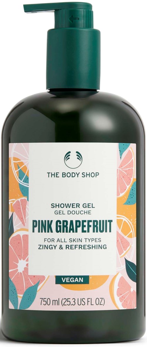 A green bottle of shower gel with pink grapefruit scent, suitable for all skin types, vegan, 750 ml size.