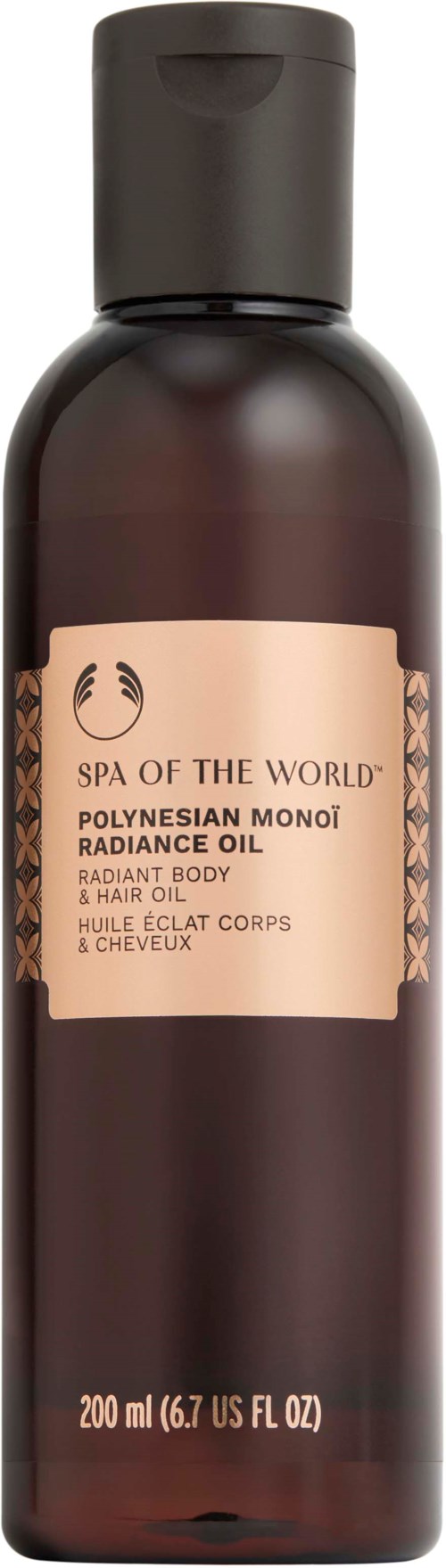 Eine braune Flasche mit Polynesian Monoi Radiance Oil für Körper und Haar. Mit pinkem Etikett und schwarzem Deckel.